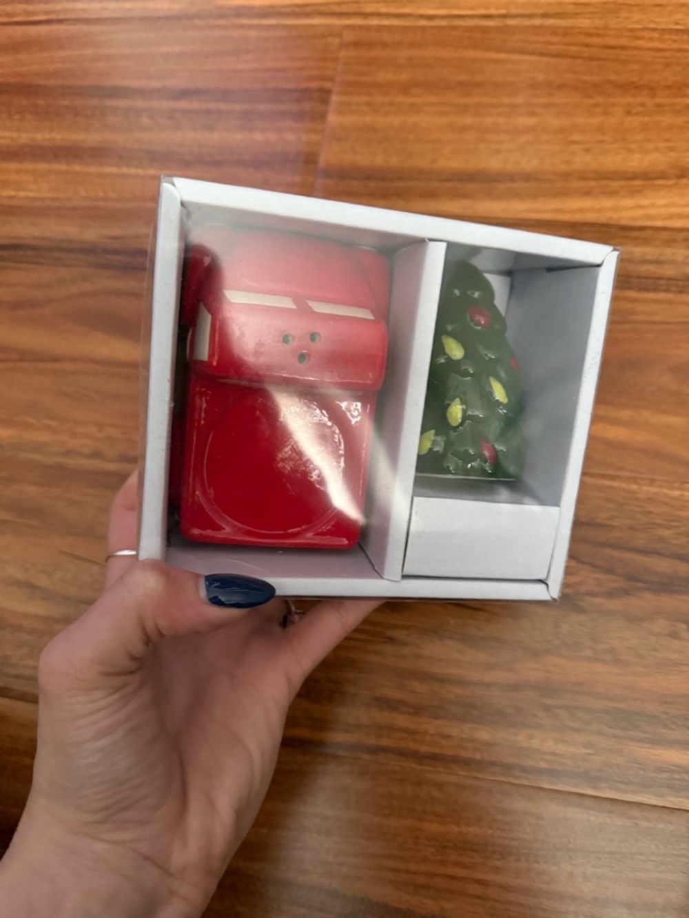 Red Ceramic Salt and Pepper Shakers with Green Tree Accent